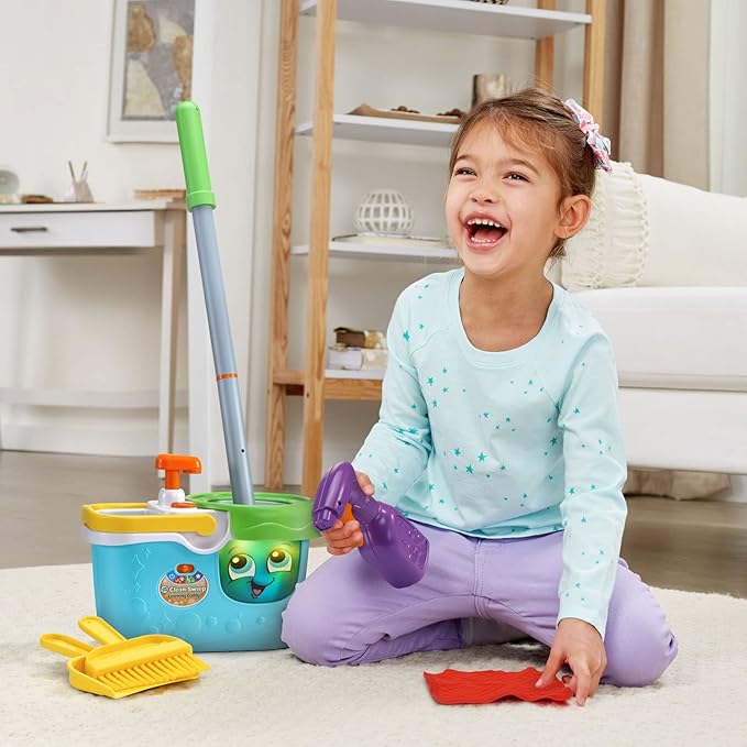 LeapFrog Clean Sweep Learning Caddy, Kids Mop and Broom Cleaning Toy Set for Ages 3-5, Blue
