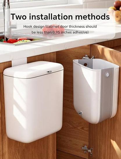 Wall Mounted Kitchen Compost Bin with Lid, Hanging Trash Can for Cabinet Door, White Plastic Food Scrap Bin for Kitchen Counter and Under Sink, 2.3 Gal Bin with 2 Pack 2 Gal Folding Hanging Trash Cans