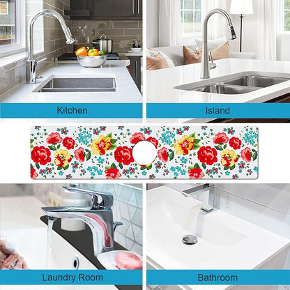 Kitchen Sink Splash Guard Faucet Mat Super Absorbent Fast Drying Mat Sink Gadgets Splash Guard Behind Faucet Drip Catcher for Kitchen (Beautiful Flower, 23.5x5.5in)