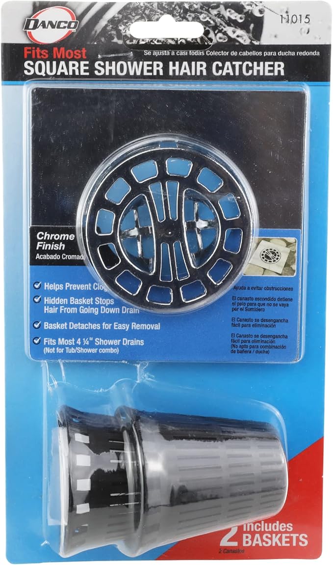 Danco Square Shower Drain Hair Catcher for Stand-Alone Shower Drain, 4-1/4 in. Shower Drain Cover, Shower Drain Protector, Chrome (11015)