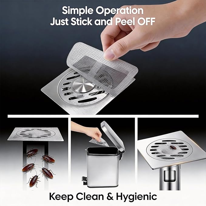 100 PCS 4"x4"Disposable Hair Drain Stickers, Anti-Blocking Filter Screen Self-Adhesive Mesh Drain Hair Drain Stickers with Scraper, Effective Hair Catcher for Shower, Bath, Kitchen Drain