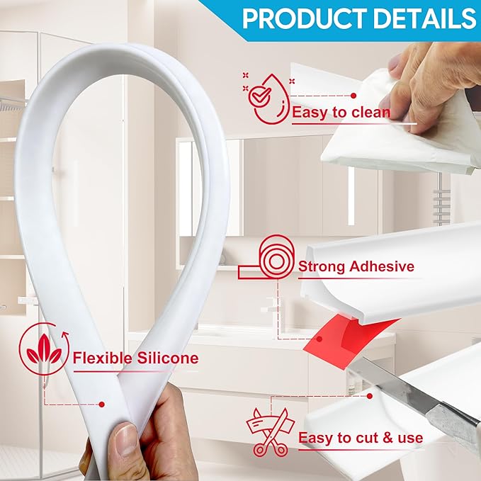 39Inch Shower Threshold Water Dam, Self-Adhesive Silicone Shower Barrier Water Stopper Shower Door Bottom Seal Strip Shower Splash Guard for Bathroom Kitchen Bathtub