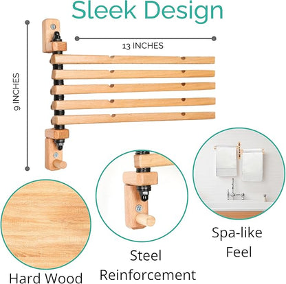 TERRA HOME Swivel Towel Rack - Clothes Drying Rack Wall Mounted - Crafted with Rustic Hard Wood - 5 Durable Rods, Stylish and Home Docor Design for Bathroom, Laundry Room