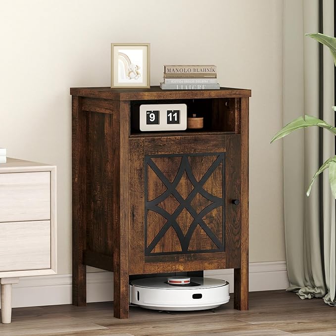GOFLAME Robot Vacuum Storage Cabinet, Retro Sofa Side End Table with Hidden Robotic Vacuum Cleaner Storage & Open Compartment, Sweeping Robot Stand Cabinet for Living Room, Bedroom, Rustic Brown