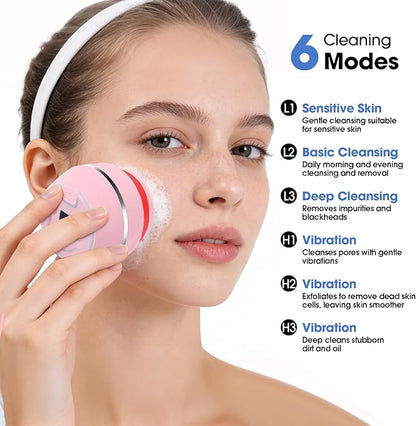 Electric Facial Cleaner with 6 Modes & 3 Light Effects, Rechargeable Waterproof Face Scrubber for Women and Men, Includes Extra Brush Head, Easy-Clean Hanging Design (Pink)