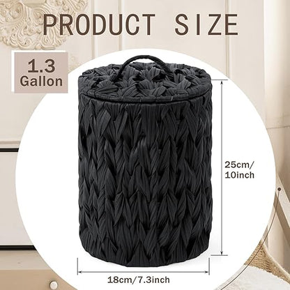 Ctosree 1.3 Gallons Small Trash Can with Lid Handle Boho Woven Braided Bathroom Waste Basket Trash Can with 100 Garbage Bags for Bedroom Office Laundry(Braided Polypropylene, Black)