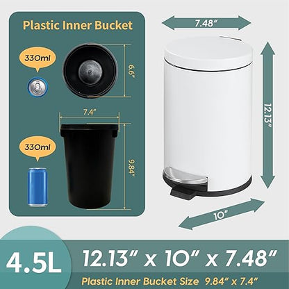 SunnyPoint 4.5 Liter(1.2 Gallon) Small Round Trash Can with Plastic Inner Bucket; Bathroom, Office, Kitchen and Bedroom Step On and Slow Close (WHT)