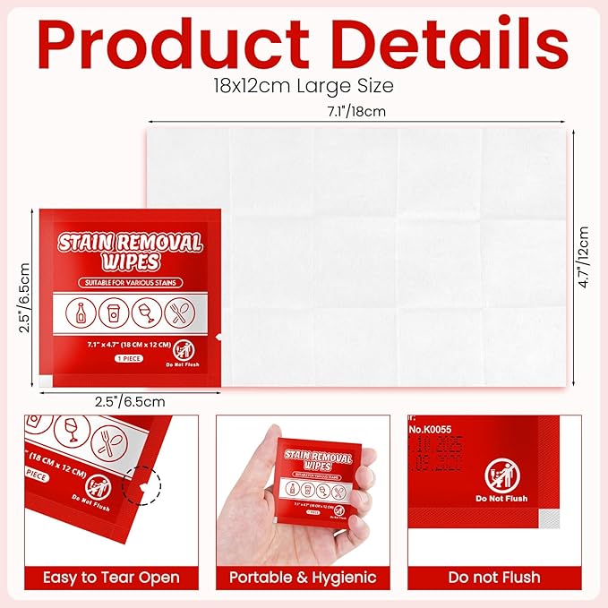 Stain Remover Wet Wipes Bulk, Individual Wrapped Clothes Portable Travel Messy Eater Cleaning Laundry Stain Removal Wipes Pocket Size for Clothing Fabric/Shoes/Wine/Fast Food 7.1 x 4.7 Inch (Red 100)