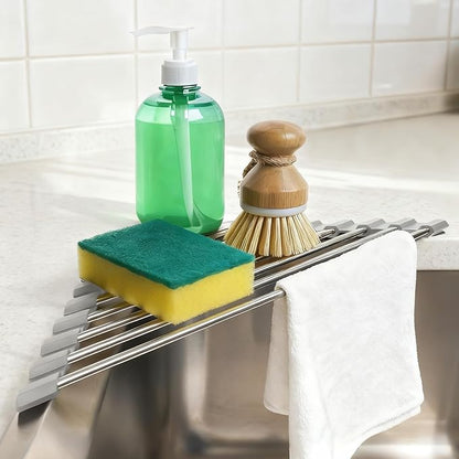 Triangle Dish Drying Rack, Corner Sink Caddy, Over The Sink Corner Drainer with Sponge Holder | Foldable, Non-Slip Stainless Steel for Kitchen Sink | Space Saving Design