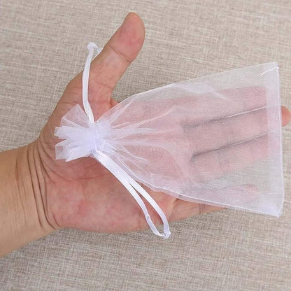 100 Pcs 5x7 inch Gift Wrap Bags, Organza Sheer Clear Tulle Fabric, White Drawstring Sachet for Baby Shower Favor, Birthday Party Favor, Bachelorette Party, Girls Graduation,Small Votive Candles,Marble
