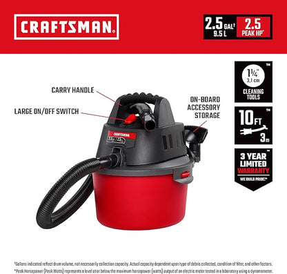 CRAFTSMAN CMXEVBE17250 2.5 Gallon 2.5 Peak HP Wet Dry Vac, Portable Shop Vacuum Wet and Dry with Filter Bag, Hose and Attachments for Cleaning in the Home