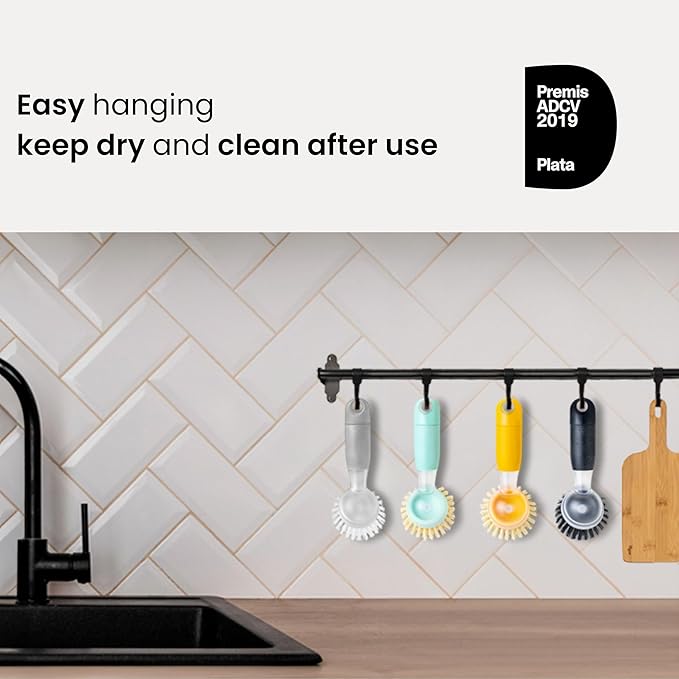 Vigar Rengo Dish Brush with Soap Dispenser - Dish Scrubber with Handle, Kitchen Scrub Brush for Dishes, Sink Cleaning Brush, Soap Dispensing Dish Wand with Nylon Bristles, Non Scratch - Black
