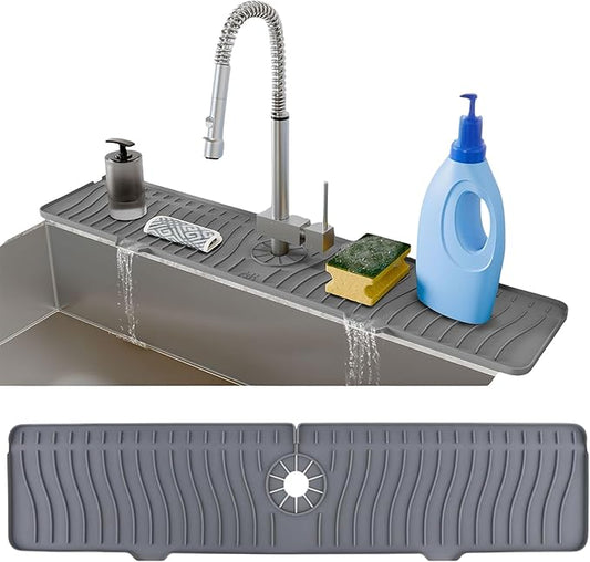 24 Inch Longer Faucet Mat for Kitchen Sink, Silicone Sink Faucet Mat Splash Guard 5° Slope Premium Kitchen Sink Splash Faucet Guard, Fast Self-Draining Mat (Grey)