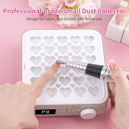 BQAN Nail Dust Collector Portable for Home & Salon - 4200RPM Vacuum with Reusable Filter, for Acrylic Drilling Dust Beginner Friendly Small Manicure Tool (White AB Rhinestones)