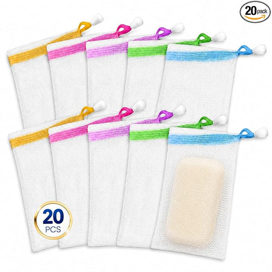 Lagincig 20 Pcs Soap Bag - Mesh Bar Soap Pouch with Drawstring, Nylon Foaming Holder for Shower, Travel, Gym, Bathroom