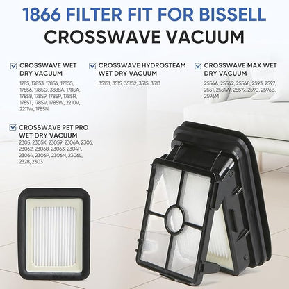 6 Pack 1866 Replacement Filters Compatible with Bissell Crosswave 1785 2306 2551 1866 2554 2590 2593 2596 CrossWave Cordless Max All in One Wet-Dry Vacuum Cleaner, Compare to Part # 1608684