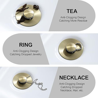 Universal Bathroom Sink Stopper - Bounce Wash Basin Drain Filter, Stainless Steel Pop Up Drain Stopper, Bullet Core Push Type Sink Stopper, Sink Drain Plug with Anti-Clogging Strainer, Brushed Gold1