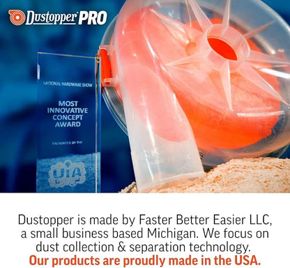 The Dustopper PRO, Low-Profile Dust Separator for Shop Wet/Dry Vacuums with at least 5HP. Includes High-Flow 90 Degree Sweep Elbows and Connection Hose. Fits Standard 5 Gallon Buckets, Made in USA