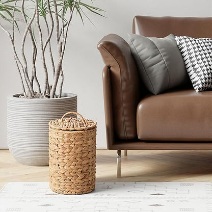 Boho Wicker Trash Can with Lid 1.3 Gallons Small Bathroom Trash Can with 100 Garbage Bags Water Hyacinth Wicker Waste Basket for Bedroom Bathroom Kitchen Living Room