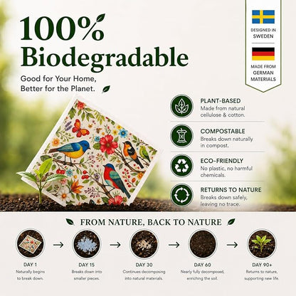 10 PCS Birds Print Swedish Dishcloths for Kitchen 100% Biodegradable, Reusable Cellulose Sponge Cloths Ultra Absorbent, Eco Friendly Cleaning Towels Dishcloths for Washing Dishes & General Cleaning