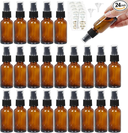 STARSIDE 24 Pack 1oz Amber Glass Spray Bottles with Fine Mist Sprayer,30 ml Glass Travel Bottles for Cosmetic Essential Oils Cleaning Solutions Perfumes & Liquids