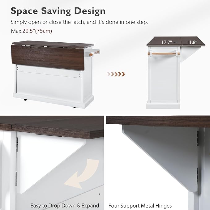 54.9" Large Kitchen Island with Drop Leaf, Power Outlet, Kitchen Storage Islands with Cross Barn Doors & Visual Glass Door, Rolling Kitchen Cart on 4 Wheels, White