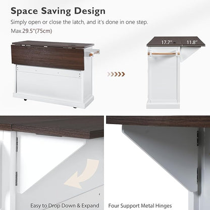 54.9" Large Kitchen Island with Drop Leaf, Power Outlet, Kitchen Storage Islands with Cross Barn Doors & Visual Glass Door, Rolling Kitchen Cart on 4 Wheels, White