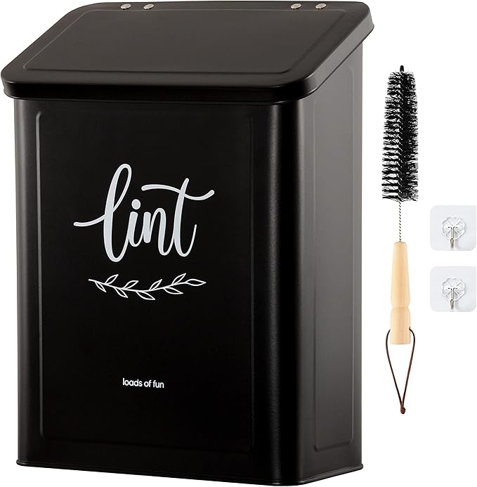 Perfnique Magnetic Lint Bin for Laundry Room with Lint Brush, Wall Mounted Lint Holder Trash can with lid for Dryer, Modern Farmhouse Rustic Metal Laundry Room Storage Organization and Decor(Black)