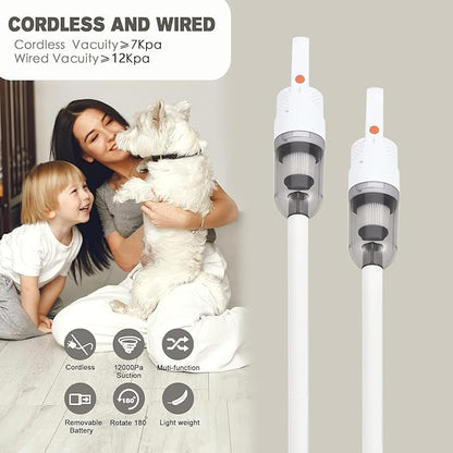 6-in-1 Lightweight Stick Vacuum Cleaner with 100W Powerful Motor, Mini Portable Household Handheld Vacuum Cleaner for Domestic Hard Floors, Carpets and Pet Hair (White Cordless)