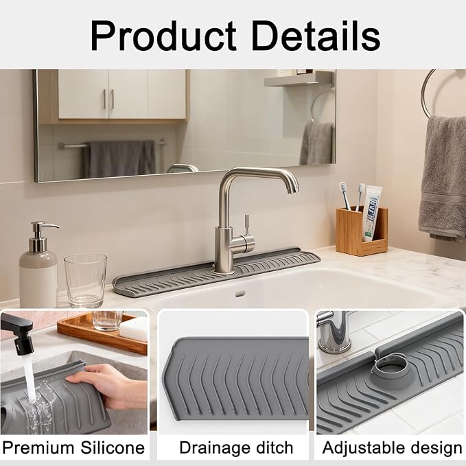30 Inch Silicone Kitchen Sink Faucet Mat, Adjustable Waterproof Splash Guard Draining Mat Keep Countertops Dry (White)