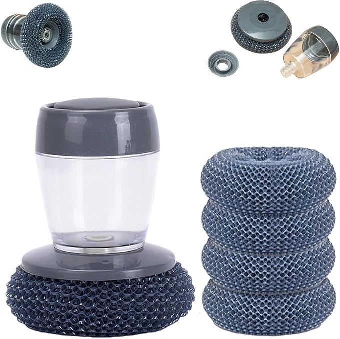 Comfort Grip Soap Dispensing Kitchen Scrub with 1/4/7 Cleaning Balls, Soap Dispensing Dish Brush Without Soap, Replaceable Cleaning Brush, for Cleaning Dishes, Pots, Pans & Sinks (1+4PcsBalls)