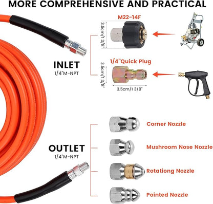 50FT Sewer Jetter Kit for Pressure Washer, 5800 PSI Water Jet Drain Cleaner Hose With Corner Rotating Button Nose Nozzle, 1/4 Inch NPT, Spanner Handle and Strap