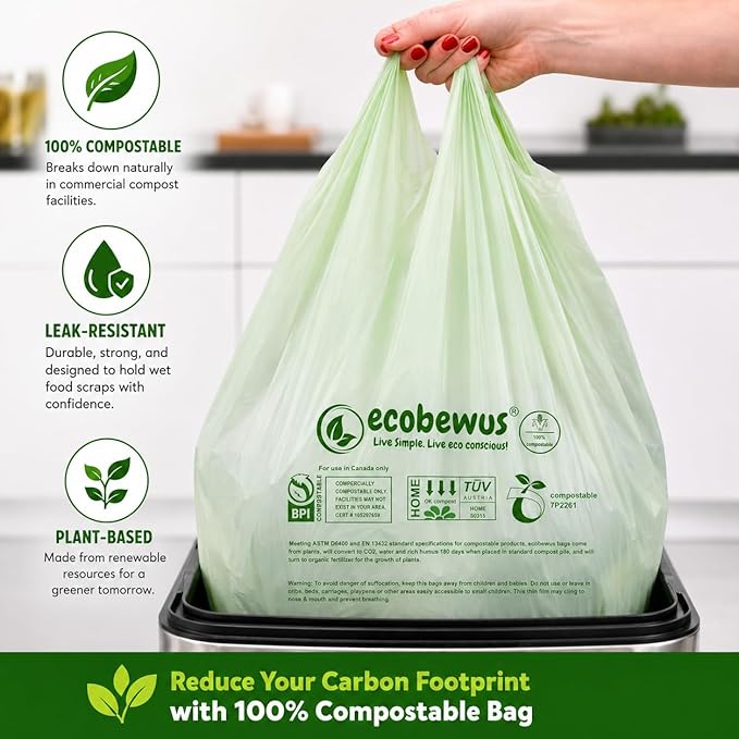 100% Compostable 13 Gallon Bags (35 Bags) Tall Kitchen Food Scrap Disposable Compost Trash Bgas Certified Composte Bags US BPI & OK Compost Home Certified by Meeting ASTM D6400 (35 ct.)