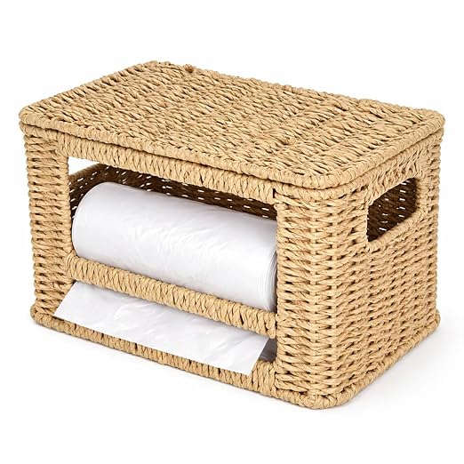 Paper Rope Trash Bag Holder Dispenser – Rustic Kitchen Cabinet Organizer Box with Lid for Garbage Bags, Grocery Bags & Pantry Supplies, Multi-Purpose Storage for Home
