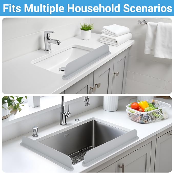 19.3 inch Kitchen Sink Splash Guard, Silicone Sink Baffle Splash Guard, Backsplash Protector for Kitchen Countertop & Bathroom Bathtub with Non-Slip Strong Suction, Gray, Pack of 2