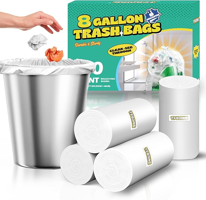 120 Count 8 Gallon Trash Bags Unscented - Thick Clear Medium Garbage bags, 30 Liter Strong Plastic Wastebasket Can Liners for Kitchen Home Bathroom Office