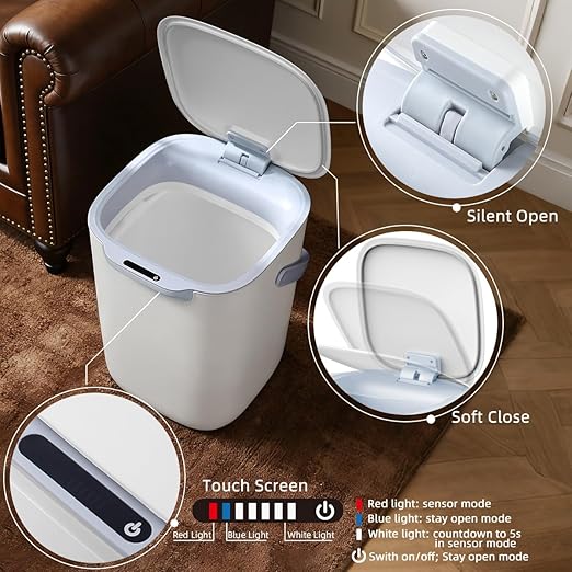 4 Gal Trash Can with Lid,Motion Sensor Trash Bin, Automatic Touchless Garbage Can,Odor Control, 15 Liter White Wastebasket Bin for livingroom,Bedrooms,Bathrooms,Office,Kitchens.