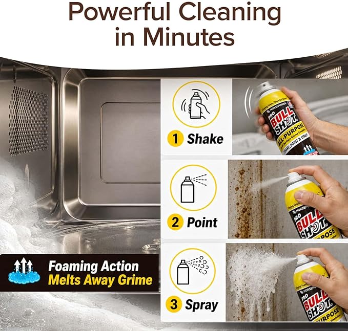 Bull Shot All-Purpose, Multi-Surface Grime Emulsifier, AS SEEN ON TV, Professional Strength Clinging Foam Cleaner; Grease, Oil, Scuff Marks, Dirt, Non-Abrasive, Kitchen, Bath, Living Areas & Outdoors