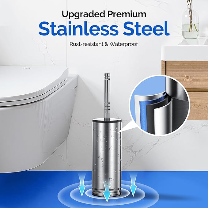 HAMITOR Toilet Brush and Holder Set: 304 Stainless Steel Heavy Duty Deep Cleaning Bowl Cleaner Brush with Curved Bristle - Space Saving Wall-Mounted for Home Apartment Bathroom Accessories Silver