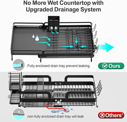GSlife Large Expandable Dish Drying Rack for Kitchen Counter - Adjustable Dish Drainer with Pans Slots, Rust-Resistant Dish Rack with Utensil Holder and Drainboard, 16.5"-24.4" L x 12.6" W Black
