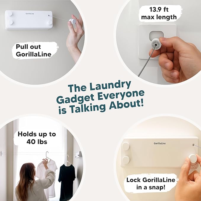 GorillaLine - Retractable Clothesline Indoor Outdoor Clothes Line - Heavy Duty Clothes Drying Laundry Line - Wall Mounted Drying Rack - Air Dry Clothing