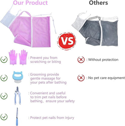 KlerRoem Cat Bathing Bag, Adjustable Anti-bite and Anti-Scratch Cat Shower Mesh Grooming Bag for Pet Dogs and Cats, Includes Pet Nail Clipper, Nail File, Grooming Glove, and Cat Shell Comb