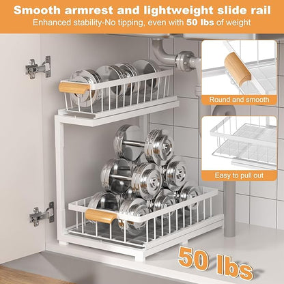 Under Sink Organizer 2 Tier, Pull Out Drawer Slides Under Sink Storage for Bathroom Kitchen,Multi-Purpose Drawer Under Cabinet Organizer for Cleaning Supplies (White, Large-2 Pack)