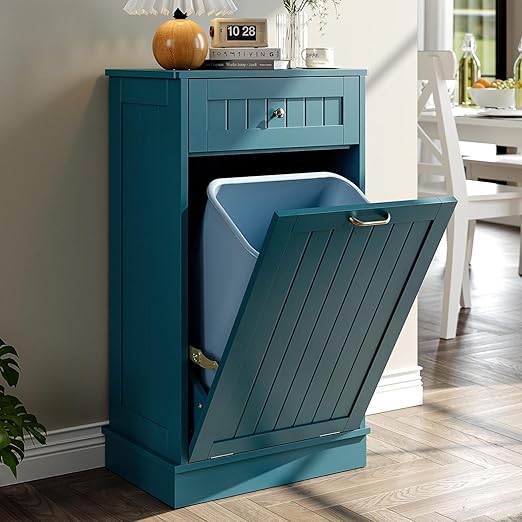 LOUVIXA Tilt Out Trash Can Cabinet, Hidden Trash Cabinet with Drawer, Wooden Dog Proof Trash Can Holder, Tilt Out Laundry Hamper, Garbage Can Holder (Teal-Blue)