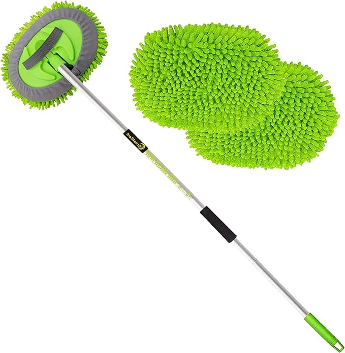 62" Car Wash Brush Mop Kit with Long Handle, 2 in 1 Chenille Microfiber Sponge Mitt Cleaning Detailing Duster for Washing Cars Truck SUV RV Caravans and Household(2 x Mop Head)