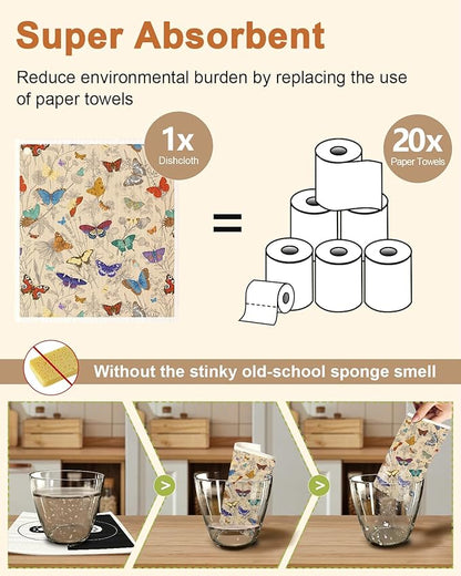 Miss Adola Kitchen Swedish Dishcloths with Hooks - 6 Pack Reusable Dish Cloths for Washing Dishes Fast Drying Cute Fun Swedish Dish Towels Washable Cleaning Sponge, Plant Butterfly