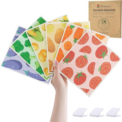 Homaxy Swedish Dishcloths for Kitchen, 6 Pack Vegetable Reusable Paper Towels with Clips, Absorbent Cellulose Sponge Dish Cloths for Washing Dishes, Non-Scratch & Odor-Free Dish Rags
