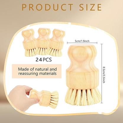 24 Pack Bamboo Dish Scrub Brushes Set Kitchen Brushes Scrubber Pot Pans Cleaning Sisal Bristles Wooden Brushes for Iron Pot Dishwashing Sink Vegetables