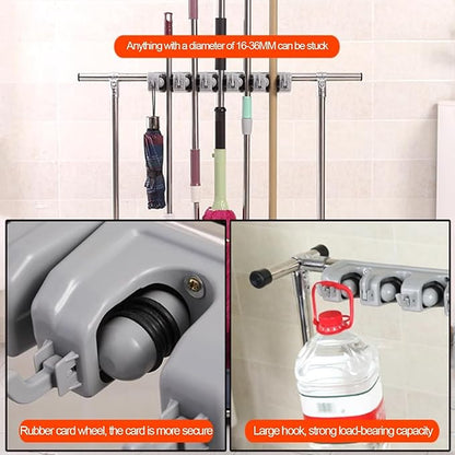Commercial Broom Mop Holder, Umbrella Stand, Floor-Mounted Mop Rack, Cleaning Supplies Organizer, Freestanding Broom Closet Cabinet (Silver-66X42X105CM(5slots)