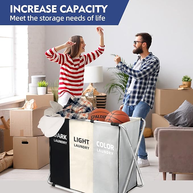 Laundry Cloth Hamper Sorter Basket Bin Foldable 3 Sections with stainless steel Frame Washing Storage Dirty Clothes Bag for Bathroom Bedroom Home Storage Basket(3 Liner, White+grey+black)